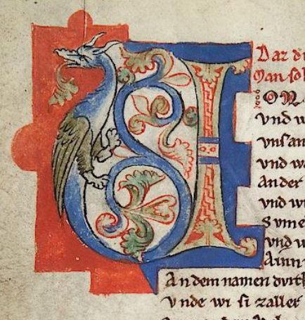 Beispiel für einen Drachen als Darstellungsoption für eine Figureninitiale im Welschen Gast.