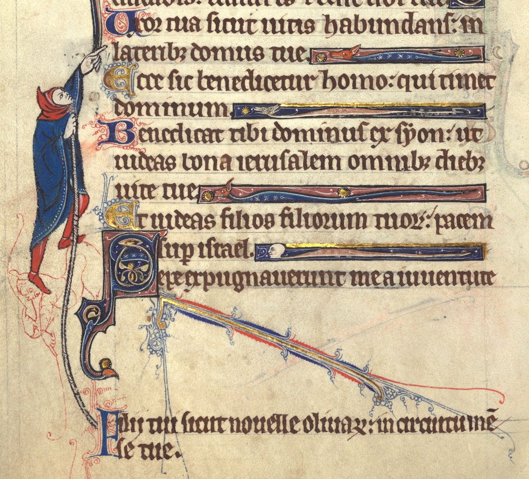 Texteinfügung, die von einer Person mit einem Seil an die richtige Stelle gezogen wird (Baltimore, The Walters Art Museum, W.102, fol. 33v, Ausschnitt, CC0 1.0 Universal).