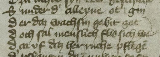 Zeilenüberlauf in einem Zeilensegment zwei Zeilen höher (Heidelberg, Universitätsbibliothek, Cod. Pal. germ. 367, fol. 3v).